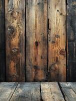 Rustic wooden wall and floor background for product display photo