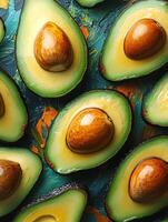 Halved avocados on vibrant textured backdrop photo