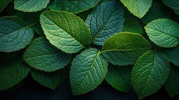 Dark green leaves background, close-up, textured surface photo