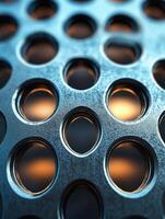 Metal grill with circular holes, backlit, close-up photo