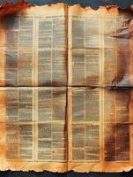 Folded old newspaper on dark surface, burnt edges, text filled photo