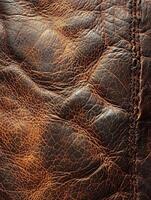 Wrinkled brown leather texture with stitching detail photo