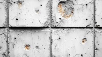 Damaged concrete tile wall with cracks and holes, urban decay background texture photo