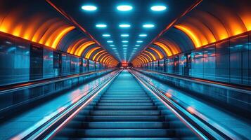 Escalators in a tunnel with orange and blue lights and people in distance photo