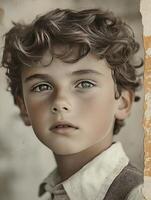 Boy portrait, close-up, neutral backdrop, aged effect, stock use photo
