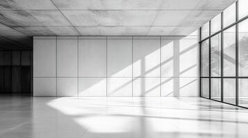 Empty room with large windows, bright sun, and concrete walls photo