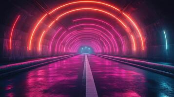 Neon circles glow above a road in an underpass, lit in the background photo