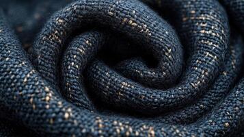 Rolled blue textured fabric with golden flecks, for cloth or textiles photo