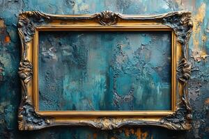 Ornate gold frame on textured blue wall. Empty for art, display, image photo