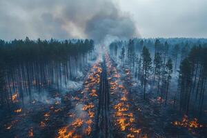 Aerial view of wildfire burning through forest along firebreak, smoke rising photo
