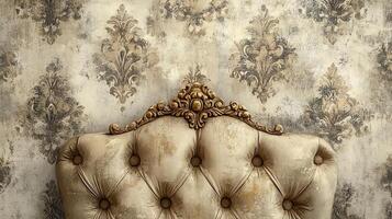 Gold-trimmed headboard against patterned wall photo