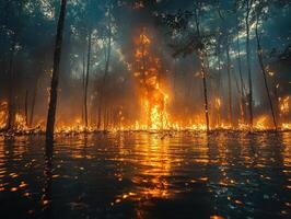 Forest fire reflecting in flooded land at night photo