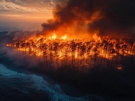 Coastal forest inferno at sunset, aerial view of wildfire photo