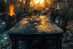 Burned table and chairs in forest fire aftermath, house destroyed in background photo
