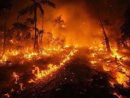 Night rainforest wildfire with burning trees and smoke photo