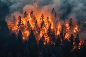 Aerial view of wildfire engulfing forest at dusk, smoke billowing photo