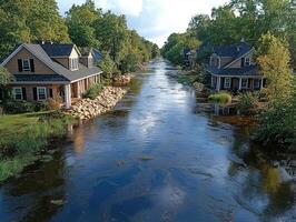 Flooded canal between houses, reflecting sky, trees lining banks photo