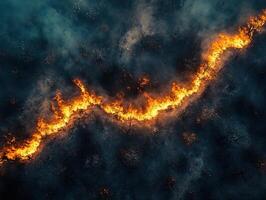 Aerial view of wildfire spreading through forest, smoke billowing photo