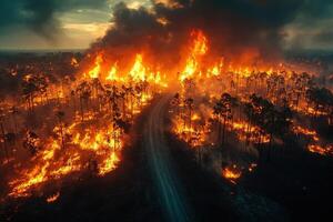 Aerial view of wildfire burning forest at sunset with smoke plume photo