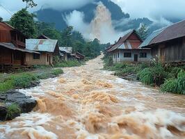 Flooding river through village, mountain waterfall, cloudy sky photo