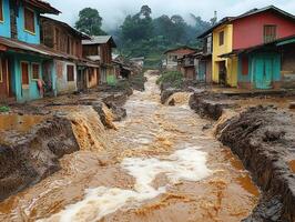 Muddy floodwaters rush through village street, houses, forested hills in background photo