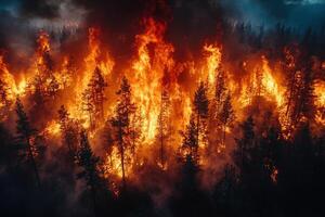Aerial view of intense wildfire forest at night photo