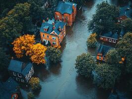 Flooded Homes in Residential Area Aerial View of Flood Disaster photo