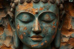 Serene Buddha face, weathered statue, ancient temple wall, spiritual backdrop photo