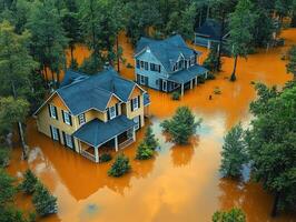 Flooded homes in forested suburb, aerial view of orange floodwaters photo