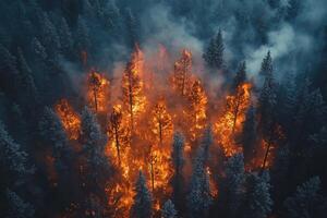 Aerial view of wildfire engulfing snowy forest at dusk photo