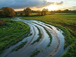 Flooded rural road at sunset in autumn fields photo