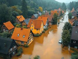 Flooded village houses, muddy water, forest backdrop, disaster documentation photo