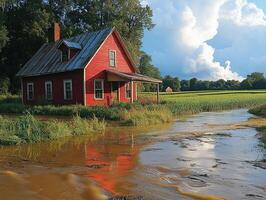 Red farmhouse flooded by overflowing creek, fields, storm clouds photo