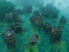 Flooded ruined city in misty bay, aerial view of urban decay photo