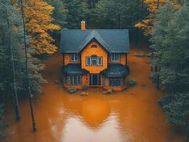 Flooded house in autumn forest, aerial view of disaster photo