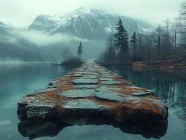 Stone path across misty lake to foggy mountain island photo