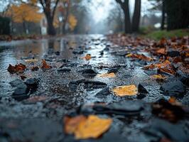 Wet autumn street with fallen leaves, foggy background, neighborhood setting photo