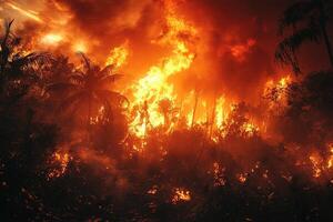 Tropical forest inferno raging under fiery sky, potential climate change visual photo