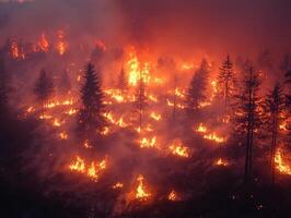 Aerial wildfire engulfing forest at dusk, smoke rising photo