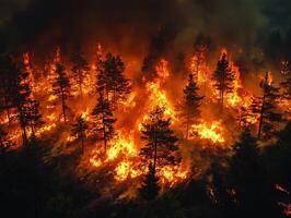 Aerial view of wildfire pine forest at night photo