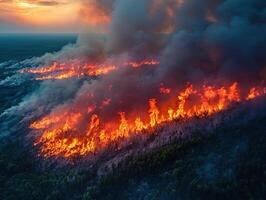 Aerial view of wildfire burning forest at sunset photo