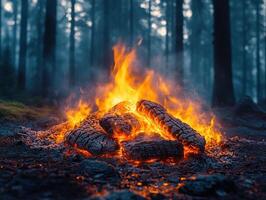 Bonfire burning brightly in misty forest at dusk photo