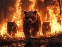 Bears fleeing burning forest wildfire photo