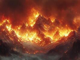 Burning snow-capped mountain range wildfire, smoke-filled valley photo