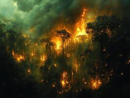 Amazon rainforest wildfire, intense flames, smoke-filled sky photo