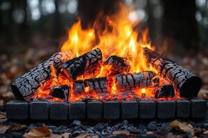 Campfire burning brightly in autumn forest on stone fire pit photo