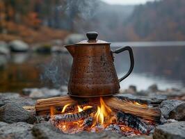 Copper kettle heating on campfire by misty autumn lake photo