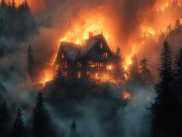 Burning house on foggy mountain engulfed in wildfire photo