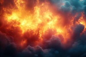 Fiery cloudscape at sunset, dramatic sky background for apocalyptic scenes photo