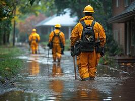 Emergency workers wade through flooded street after storm photo